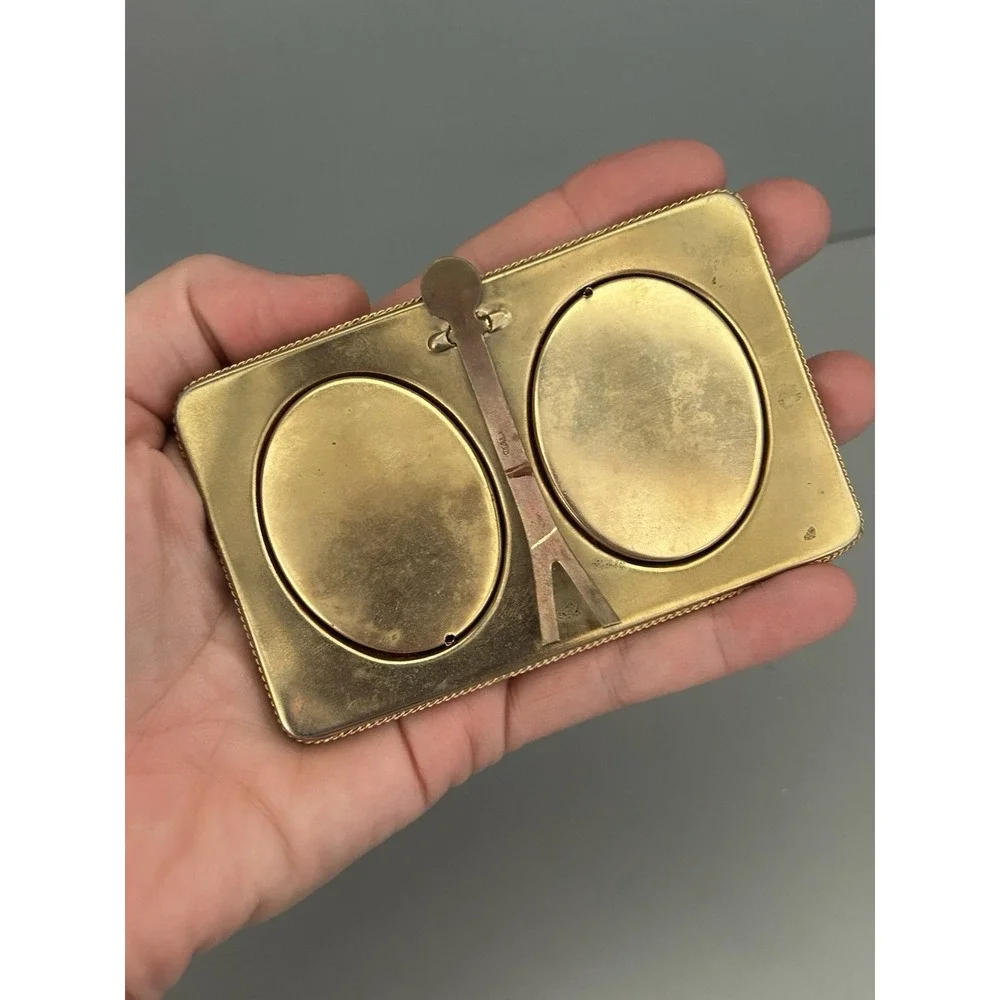 Vintage Italy Micro Mosaic Picture Frame Gold Tone Brass Double Oval Easel 3x4